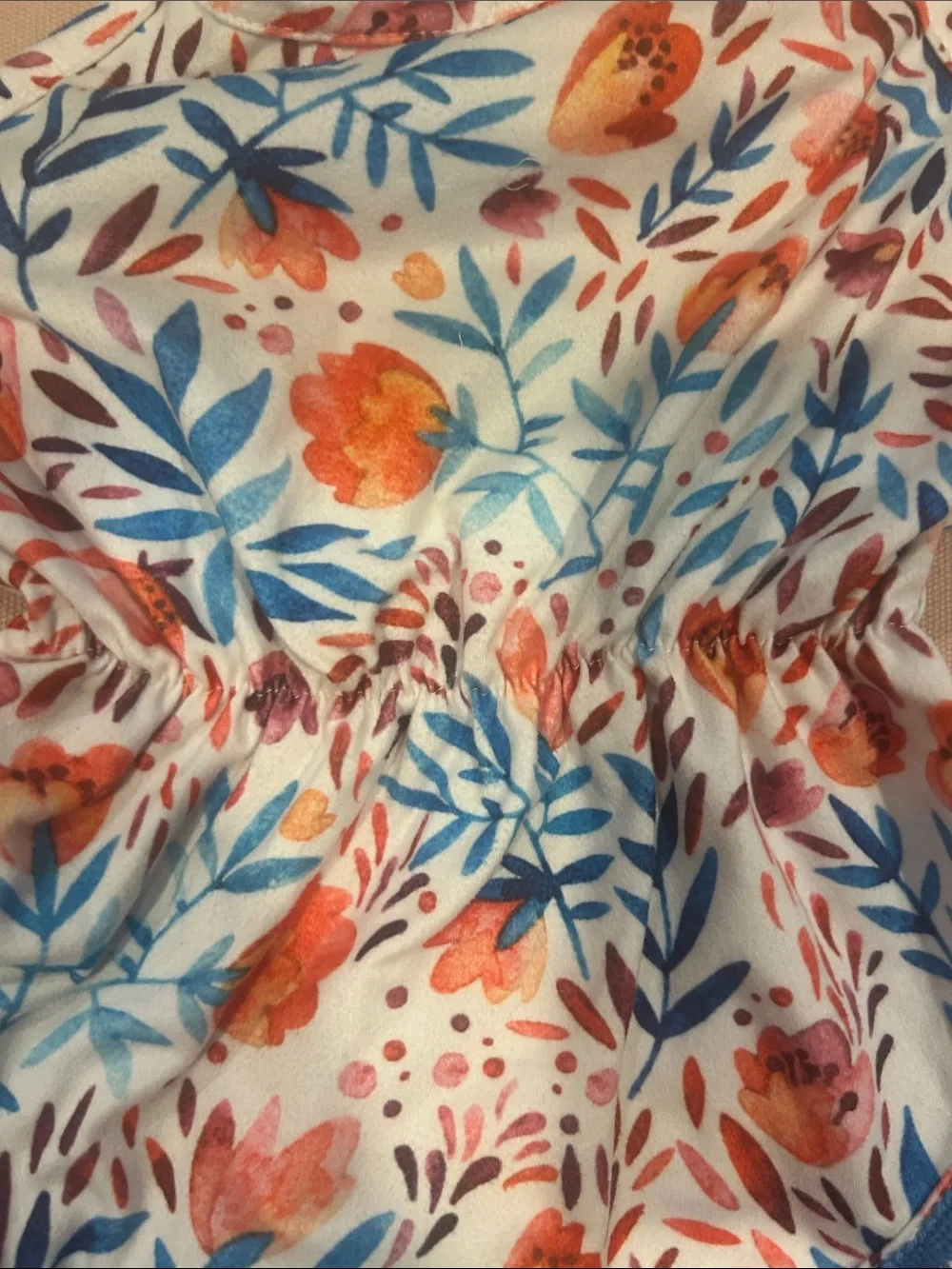 Baby Girls Floral Pom Trim Romper - White, Blue & Coral